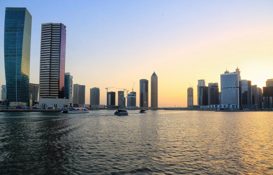Dubai Canal at sunset, the setting for Wedyan