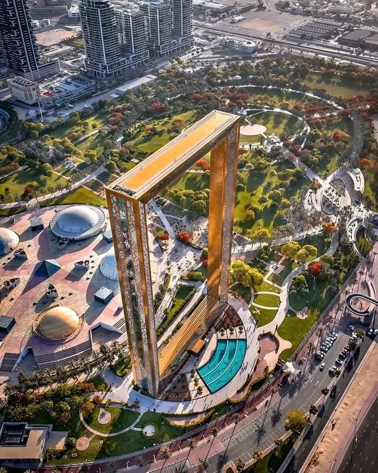 Dubai Frame and Zabeel Park from above