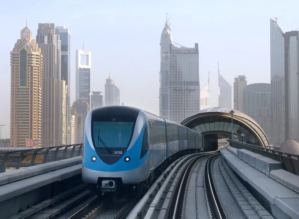 Dubai Metro train on an elevated track